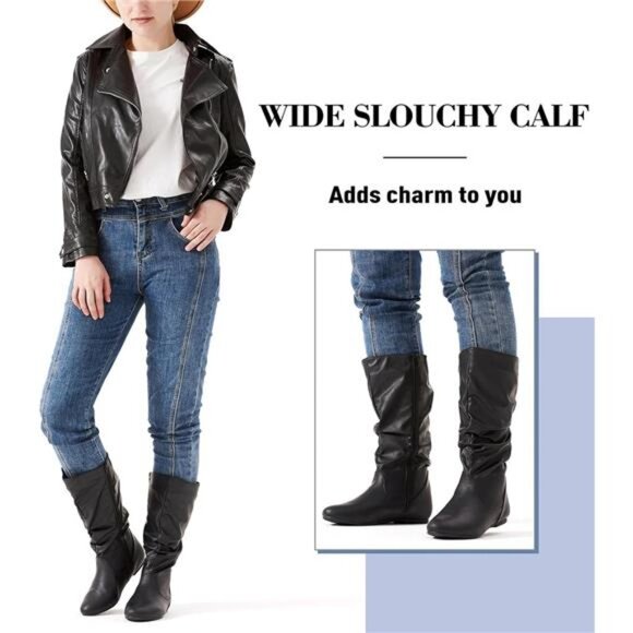 Women's Slouchy Mid Calf Boots Zip up Flat Boots - Picture 2 of 7